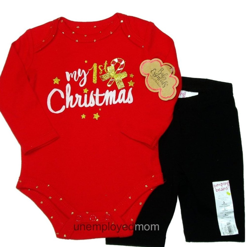 My 1st Christmas Outfit Girls 2 pc Set Bodysuit Capri Legging Holiday Gold Bow